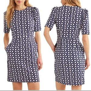 Boden Zoe Jersey Sheath Dress Women’s Size 14 Navy White Geometric Print